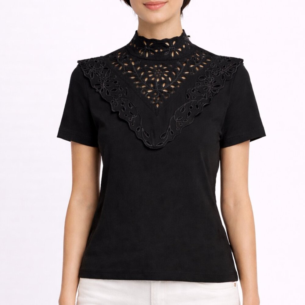 Maje Talente Eyelet High Neck Cotton Top Black Short Sleeve